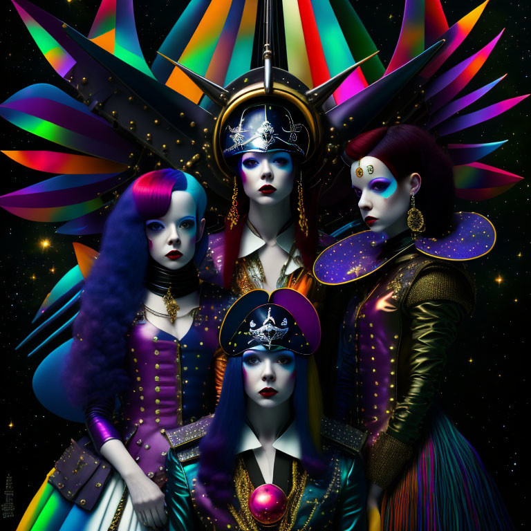 Three Women in Futuristic Costumes and Elaborate Headpieces Against Starry Space Background