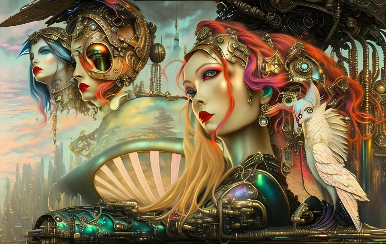 Steampunk-themed digital artwork with two women, mechanical headgear, white bird, and futuristic city