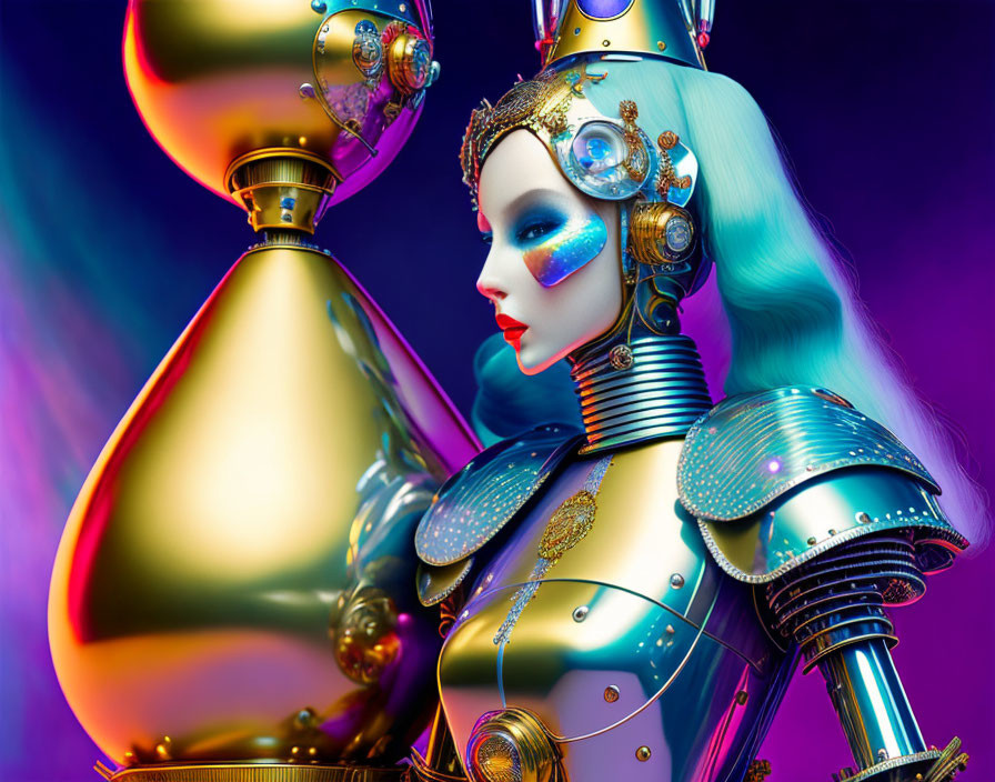 Female robot with blue hair in gold and silver armor on vibrant background