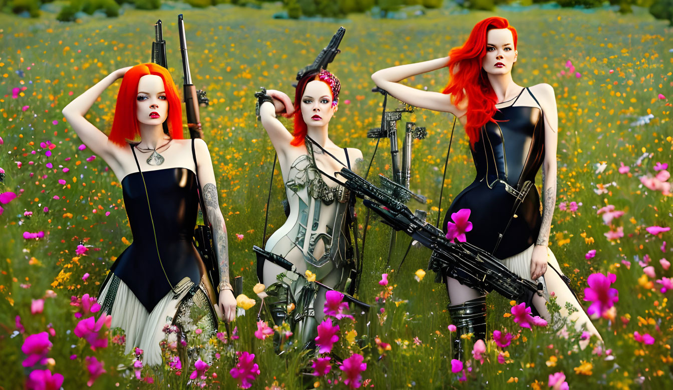 Three Women with Red Hair and Rifles in Black and White Outfits in Colorful Flower Field