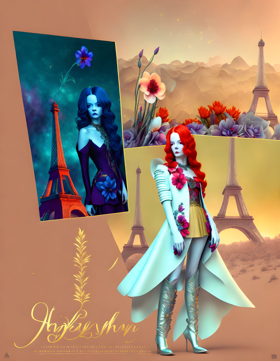 Surrealist artwork: Two stylized women in Parisian motif with Eiffel Tower backdrop