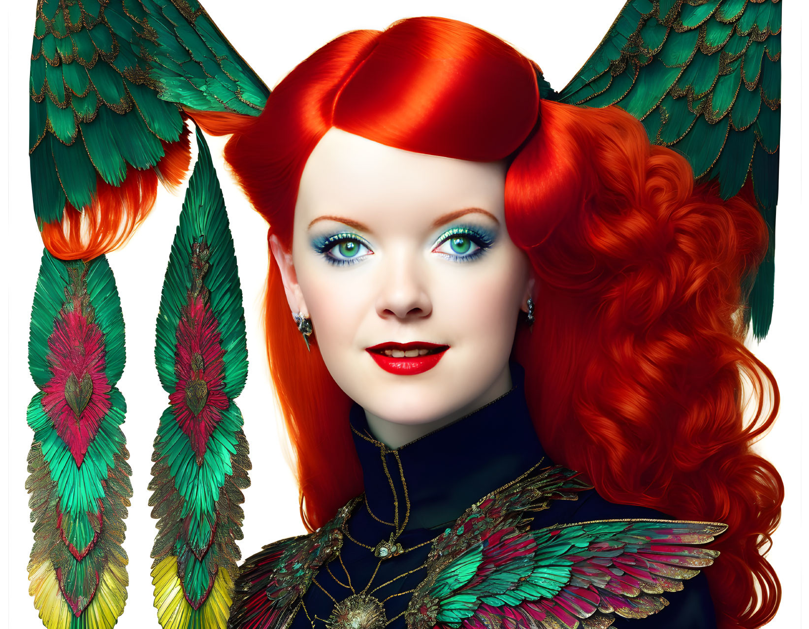 Digital illustration: Woman with red hair, blue eyes, and bird-like feathered wings