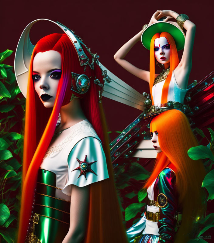 Stylized women with red-orange hair in futuristic warrior outfits amid lush greenery.