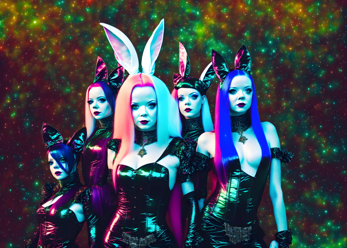 Five people in gothic bunny outfits on cosmic backdrop