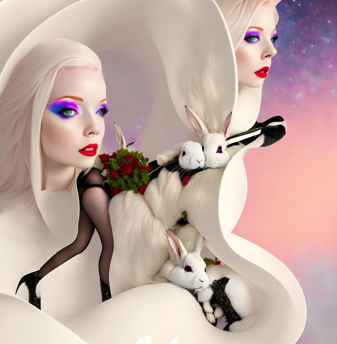 Surreal image: Identical women, vibrant makeup, white rabbits, cosmic backdrop, swirling design