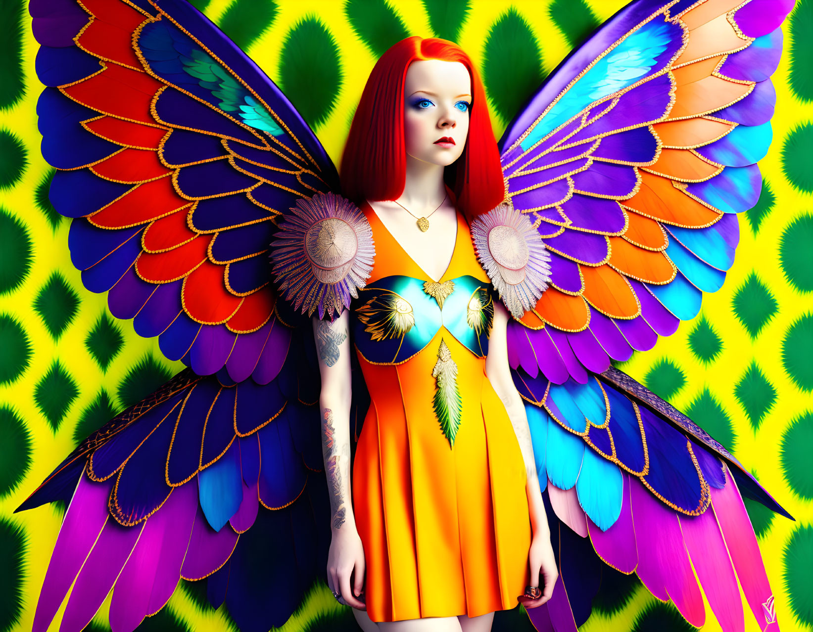 Colorful digital artwork: Woman with red hair and butterfly wings on vibrant background