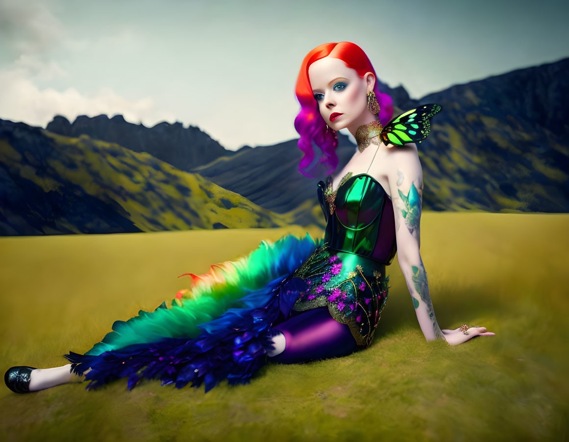 Colorful Woman in Mermaid Costume with Butterfly Wings on Grass and Mountains