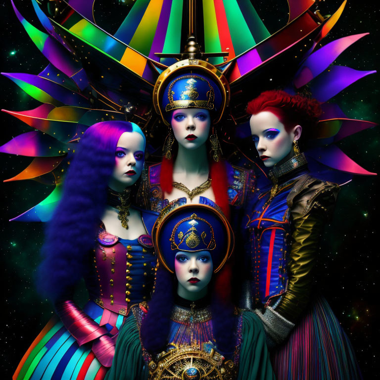 Vivid makeup and colorful costumes on three women in a fantasy setting