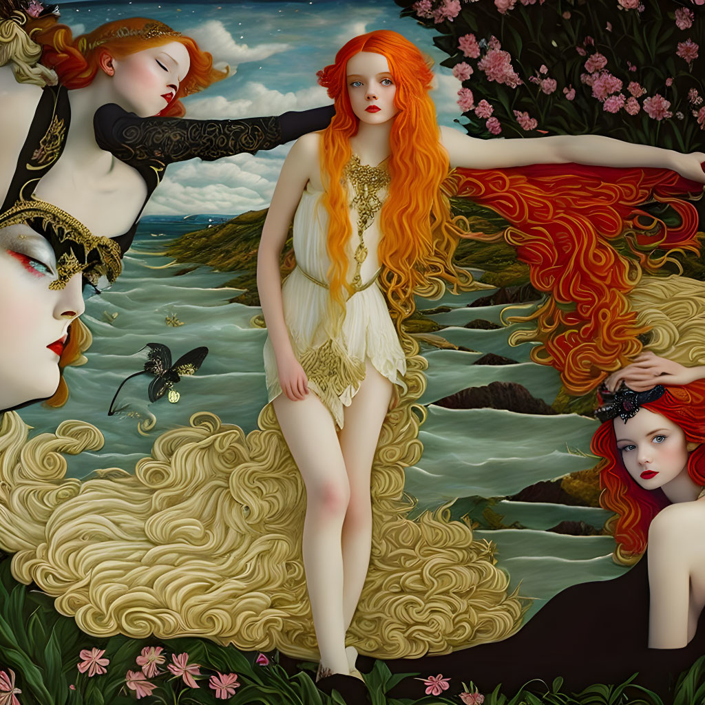 Illustration of Three Women with Auburn Hair in Mythological Setting