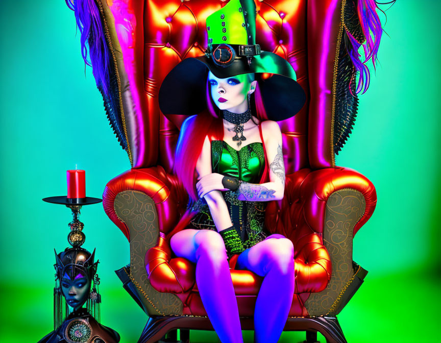 Person in Gothic Attire on Red Throne with Masked Figure in Vibrant Image