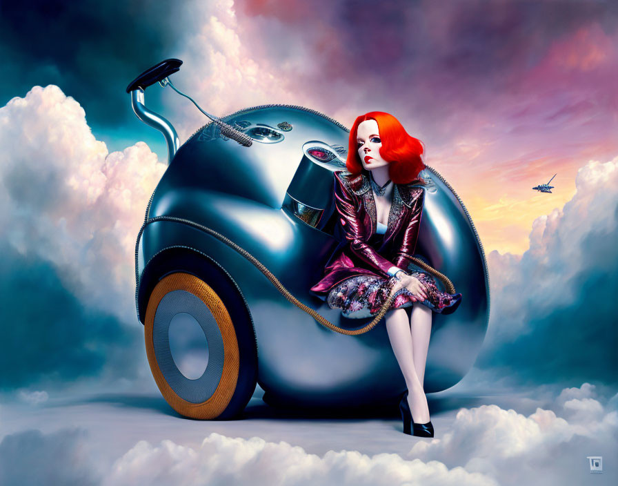 Surreal image: Red-haired woman on giant teapot with wheel under dramatic sky