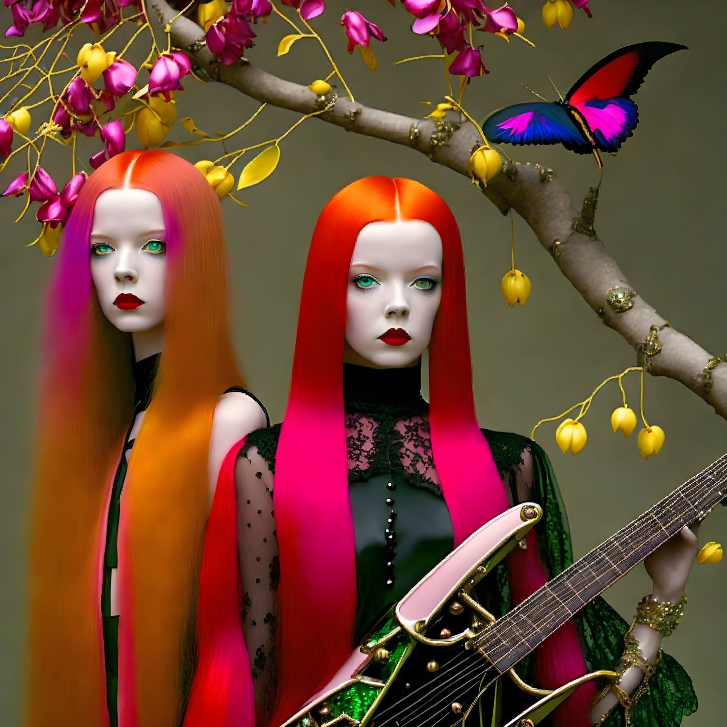 Mannequins with red hair and gothic attire under blossom branch with butterfly