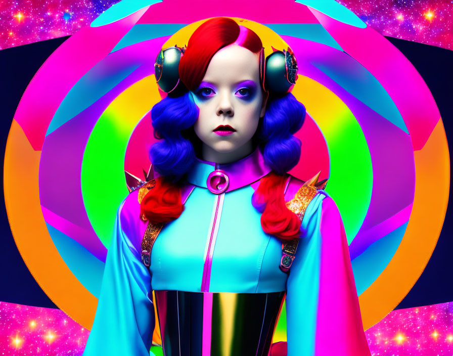 Colorful digital artwork: Female figure with red and blue hair, headphones, futuristic attire on psychedelic background