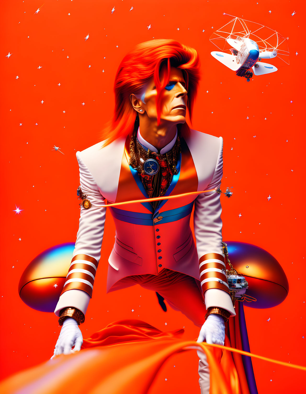 Androgynous figure in futuristic regal outfit on orange backdrop