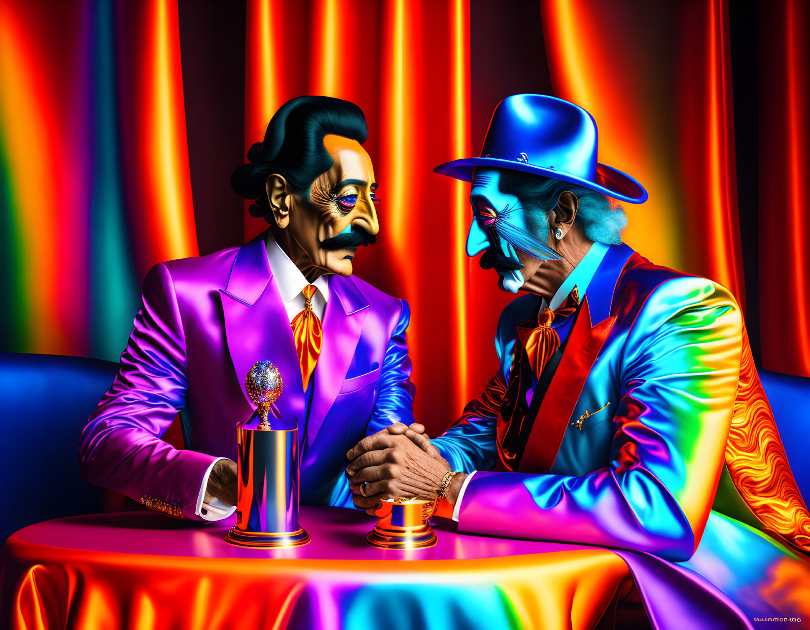 Colorful Caricatures Arm Wrestling Under Dramatic Lighting