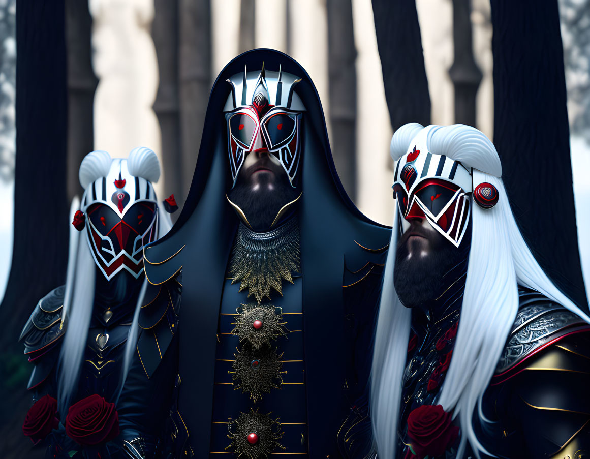 Three figures in black and gold armor with red-highlighted masks in a forest setting.