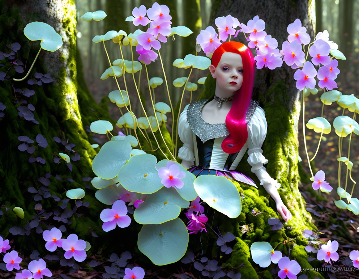 Realistic illustration of doll-like figure with red hair and makeup in fantasy forest scene