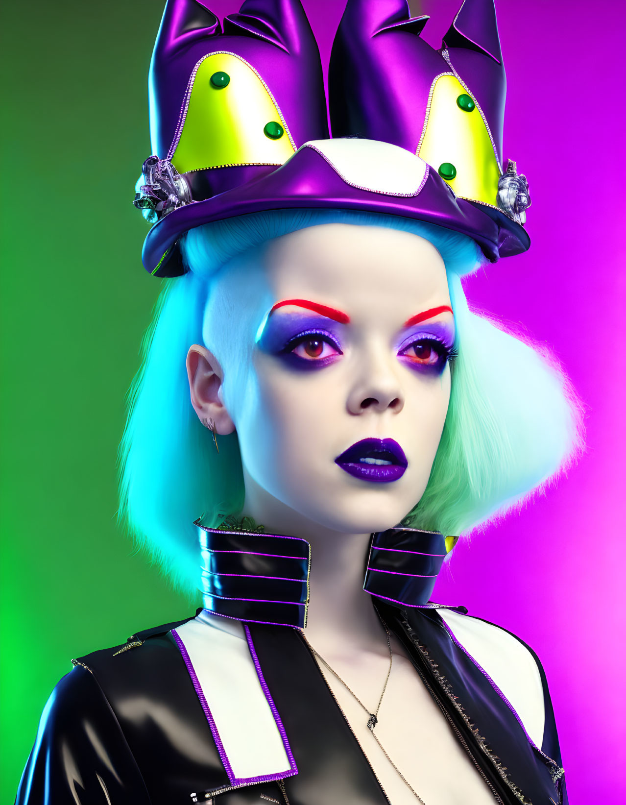 Pale-skinned woman with yellow eyes and blue hair in dramatic makeup and black outfit on green and purple