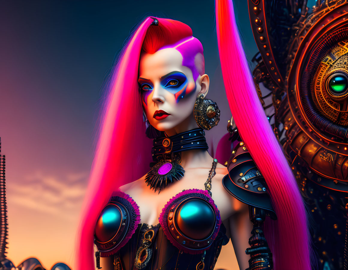 Futuristic female cyborg with neon hair and sci-fi armor on mechanical backdrop