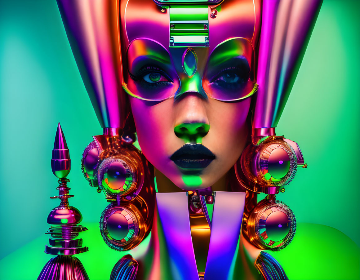 Colorful digital artwork: Woman with futuristic makeup and headgear on neon green background with abstract metallic shapes