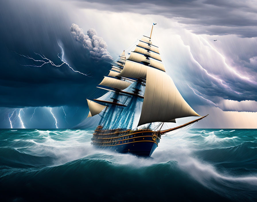 Majestic sailing ship with white sails in tumultuous sea under dramatic sky