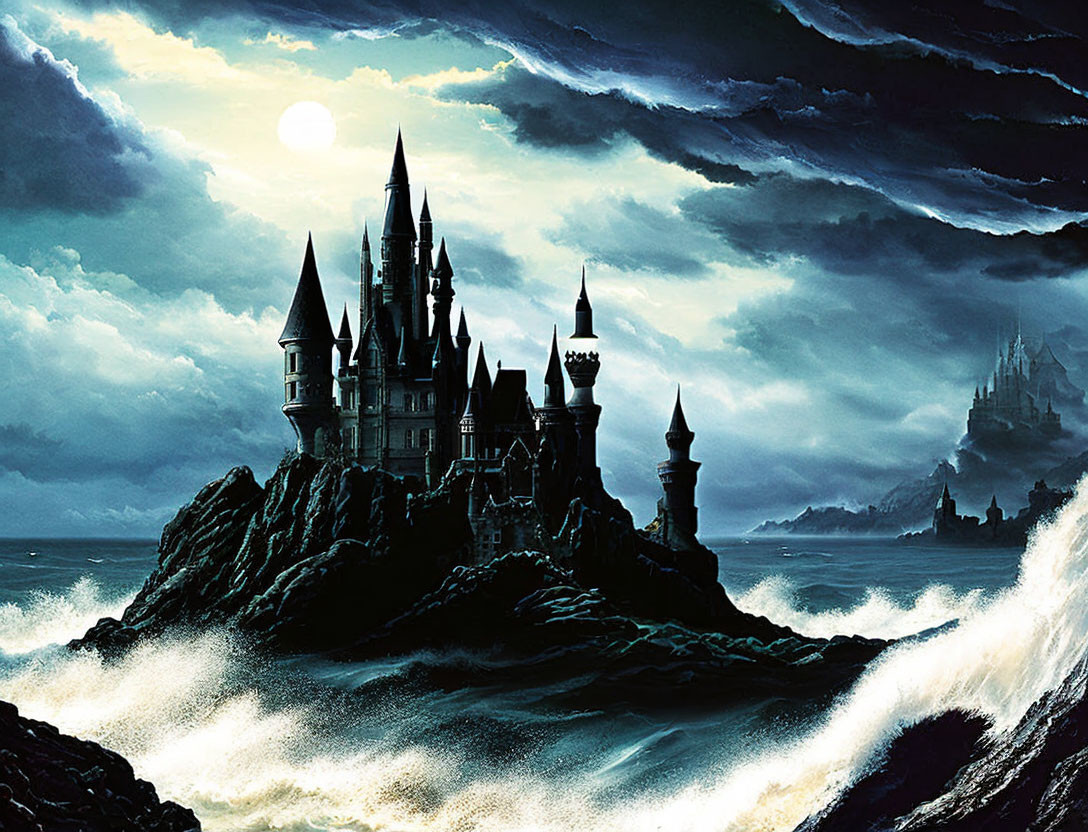 Gothic Castle on Rocky Cliff in Stormy Seas at Night