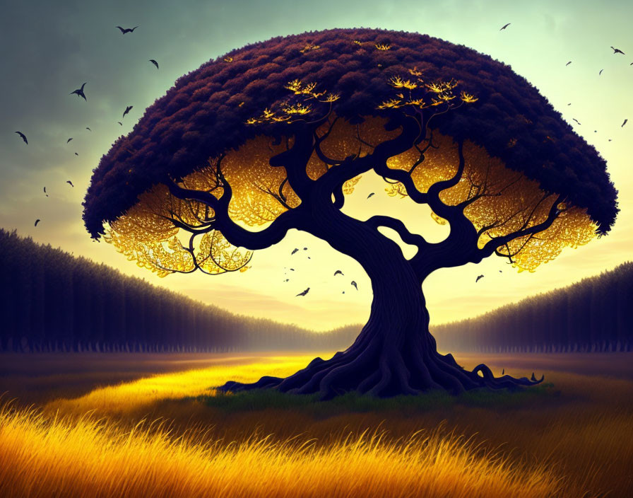 Majestic large tree with mushroom-shaped canopy in golden field at twilight