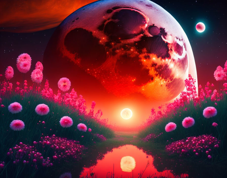 Colorful Sci-Fi Landscape with Red Planet, Moons, Sunset, Water Reflection, Pink Flowers,