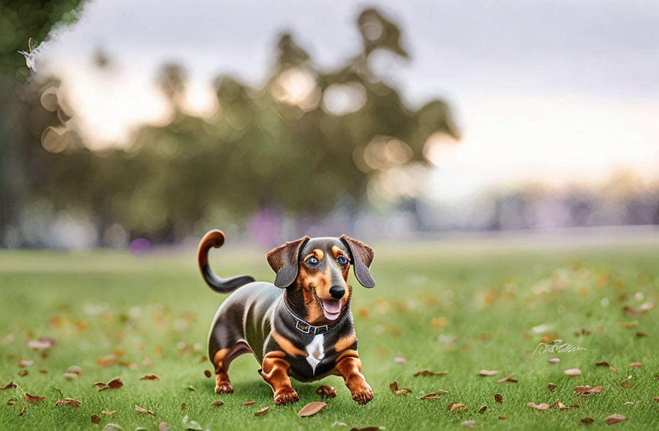 Happy dachshund running on grassy field with fallen leaves and blurred trees