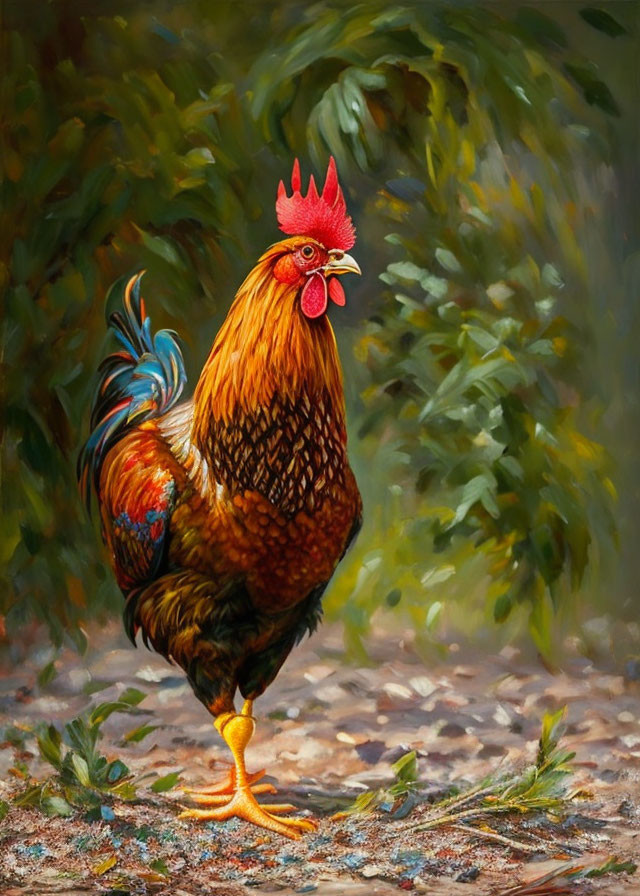 Vibrant rooster with red crest and green foliage background