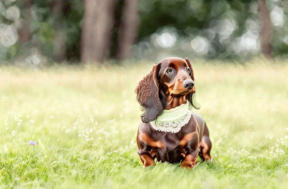 Brown Dachshund with Green Bandana Sitting on Grass with Trees Background