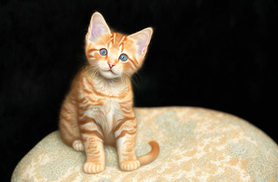 Orange Tabby Kitten with Blue Eyes on Beige Cushion Against Black Background