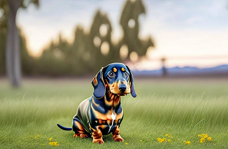 Black and Tan Dachshund Puppy in Field with Flowers and Trees