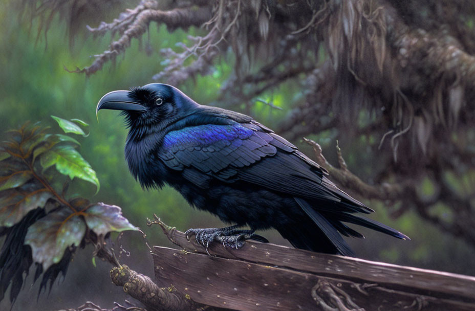 Detailed Illustration: Glossy Black Raven Perched on Misty Forest Branch