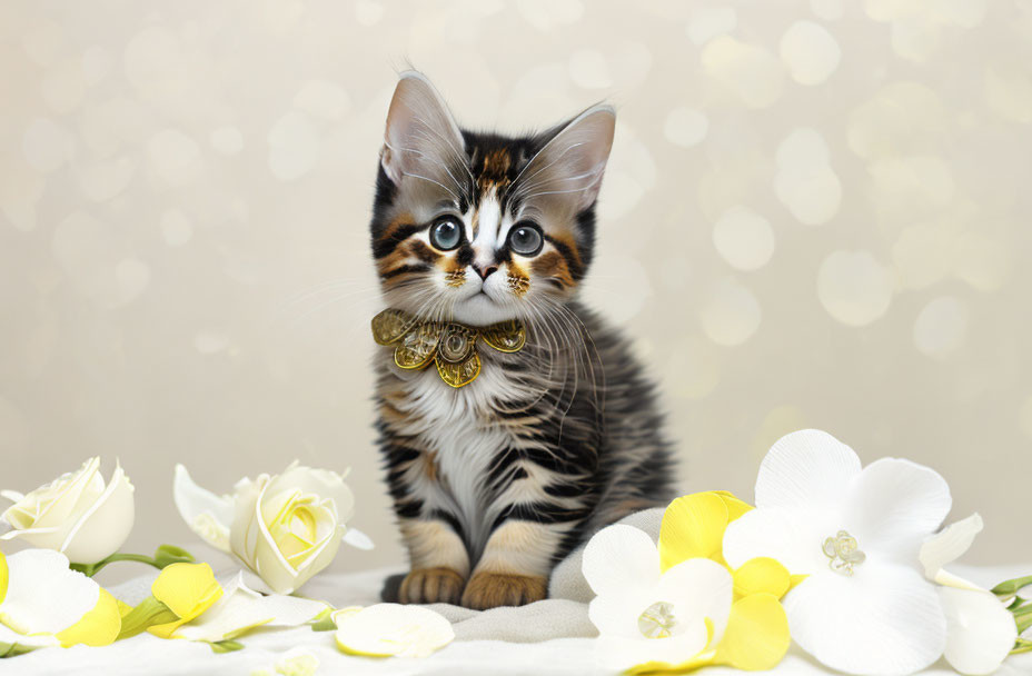 Adorable kitten with unique markings in floral setting