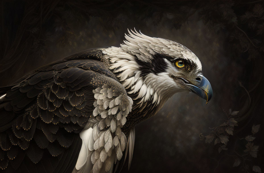 Detailed image of eagle head: piercing eyes, sharp beak, layered feathers, dark, foliage-bl