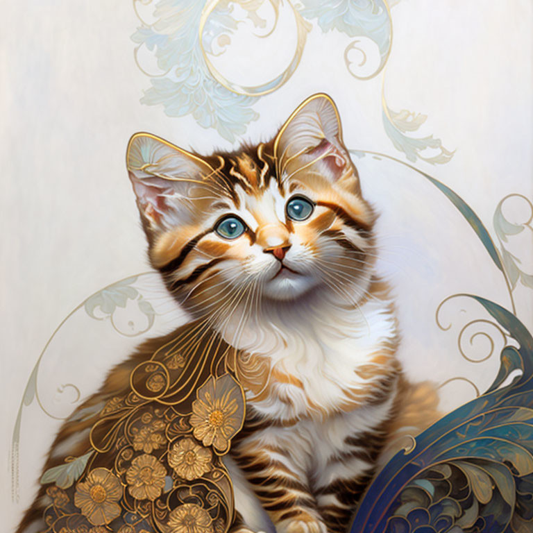 Brown and White Kitten with Blue-Green Eyes on Cream Background with Golden Floral Patterns