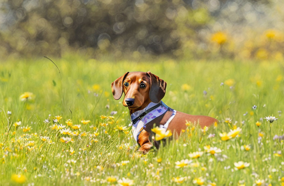 Dachshund in harness in vibrant meadow with wildflowers