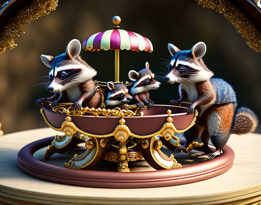 Animated raccoons on ornate carousel with golden details and striped umbrella