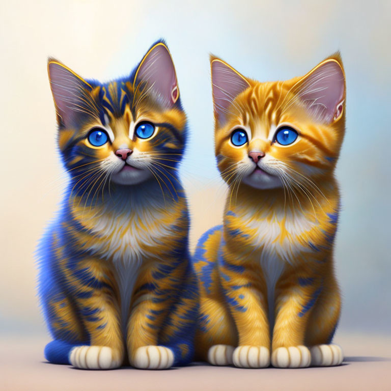 Stylized cartoon kittens with large blue eyes and vibrant fur