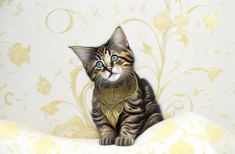 Tabby kitten with blue eyes and gold collar on cream background with swirl patterns