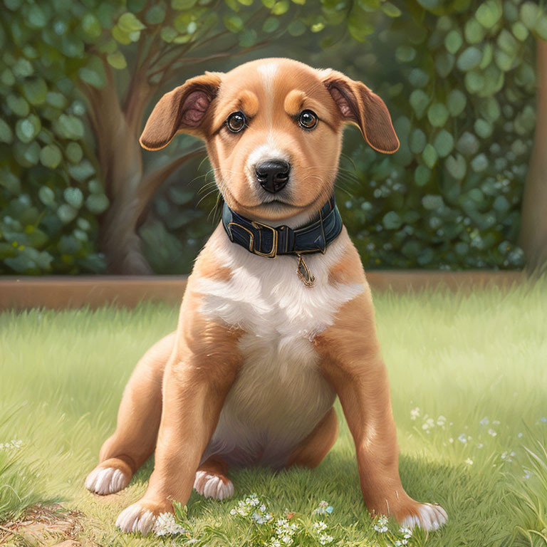 Brown and White Puppy with Blue Collar on Grass with Green Foliage Background