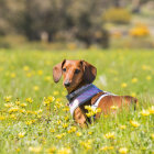 Dachshund in harness in vibrant meadow with wildflowers