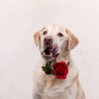 Yellow Labrador Retriever with Red Flower and Pendant on Collar against Pale Background