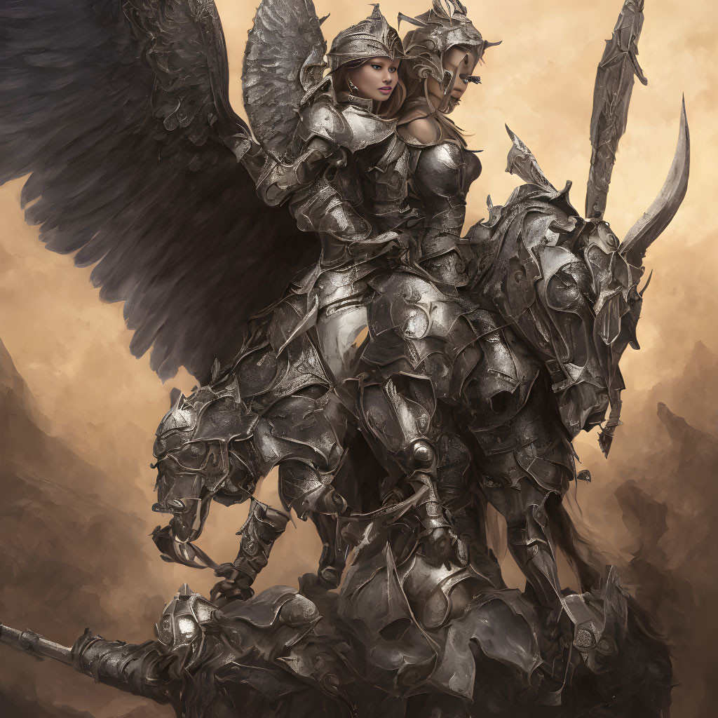 Female warrior in ornate armor on majestic armored horse with long lance and dark wings