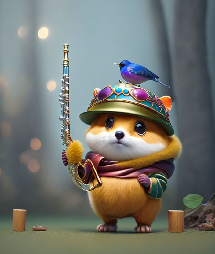 Anthropomorphized corgi with saxophone and bird in hat and scarf