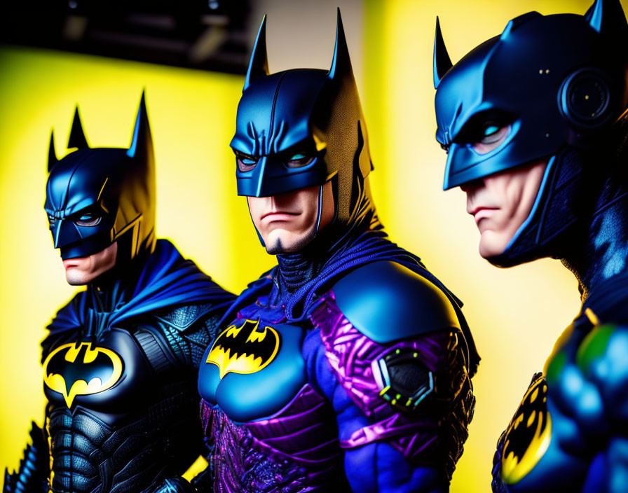 Three Batman figurines in different costumes on yellow background