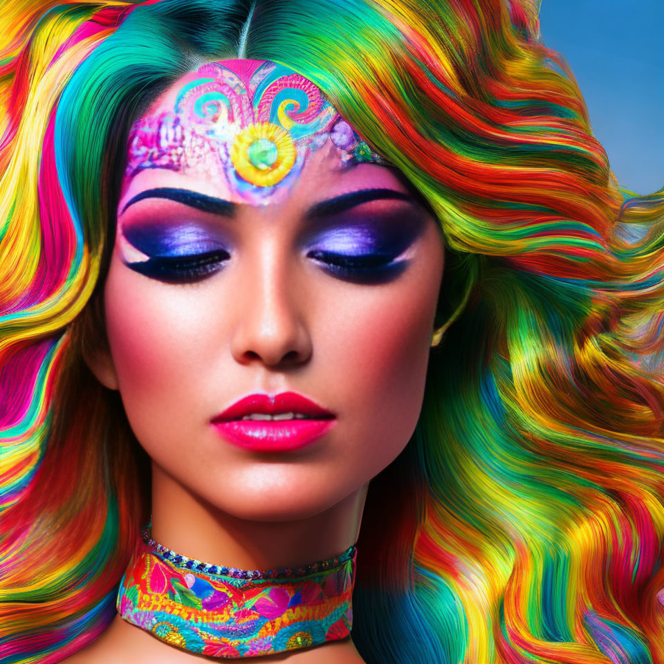 Colorful Makeup and Rainbow Hair Woman with Decorative Forehead Piece