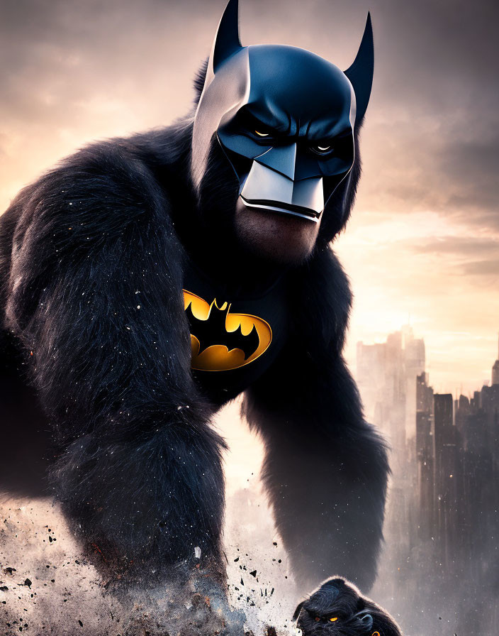 Gorilla wearing Batman mask and emblem in cityscape backdrop.