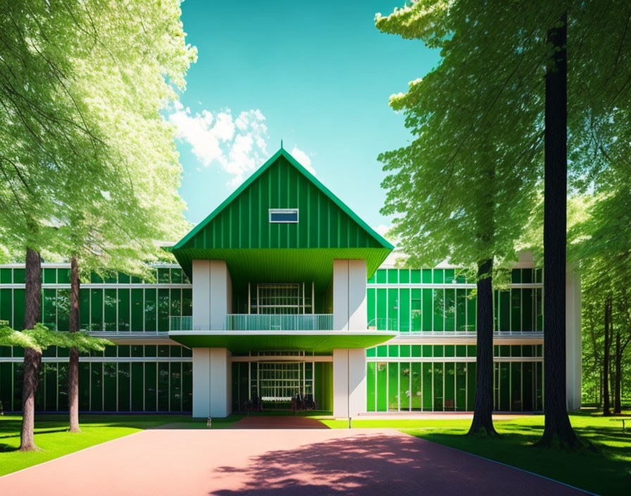 Symmetrical Green Building Amid Lush Trees